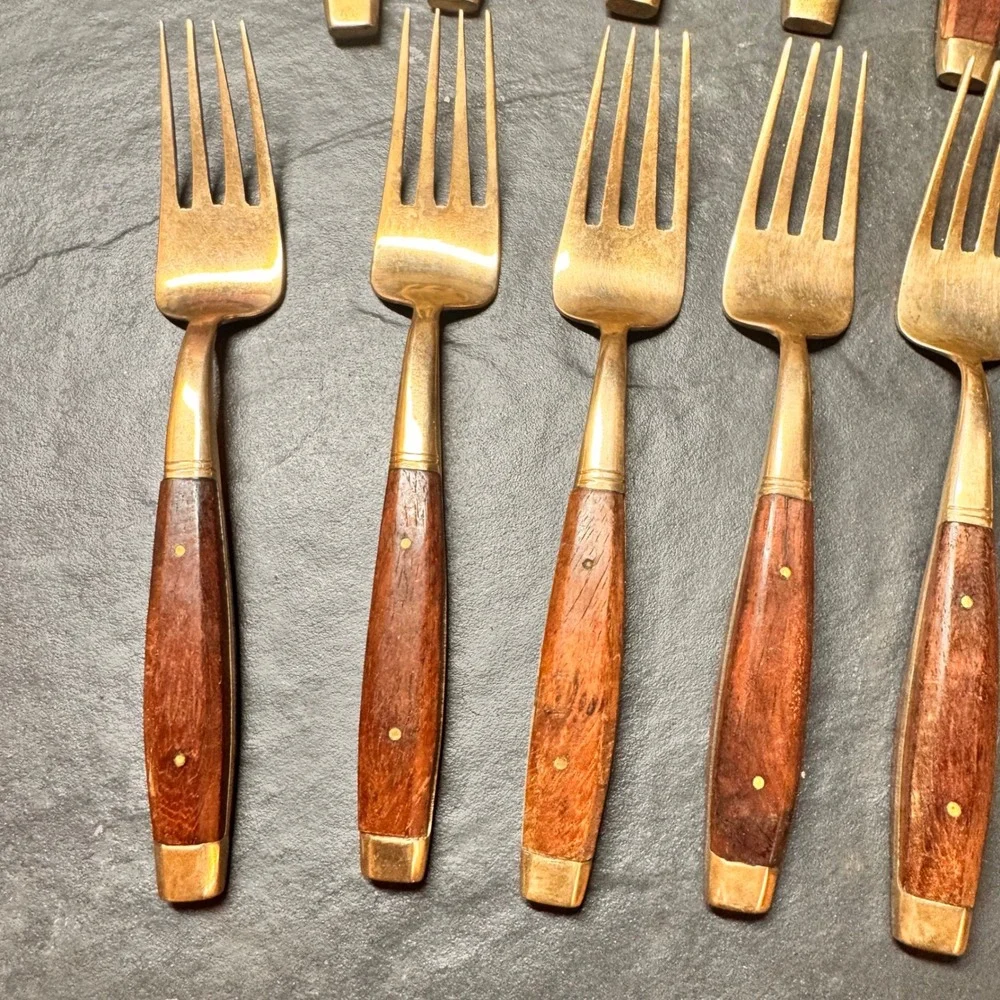 Vintage MCM Luxury Gold Tone Cutlery Rosewood Handles Serving Utensils 29pc‎ Set